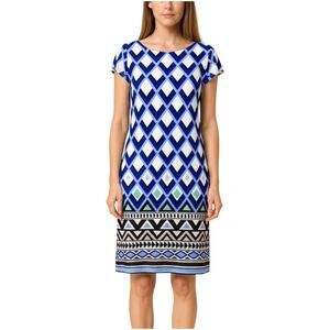 Jessica Howard Women's Shift Dress Cap Sleeve Blue White Geo Print Size Medium
